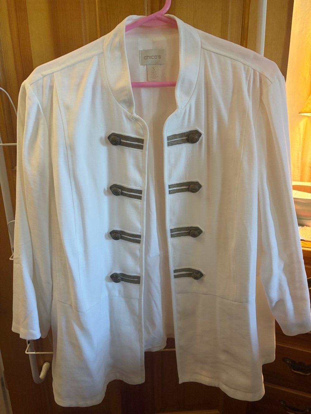 Chico's White Military-Style Blazer with Gunmetal Trim - L/XL